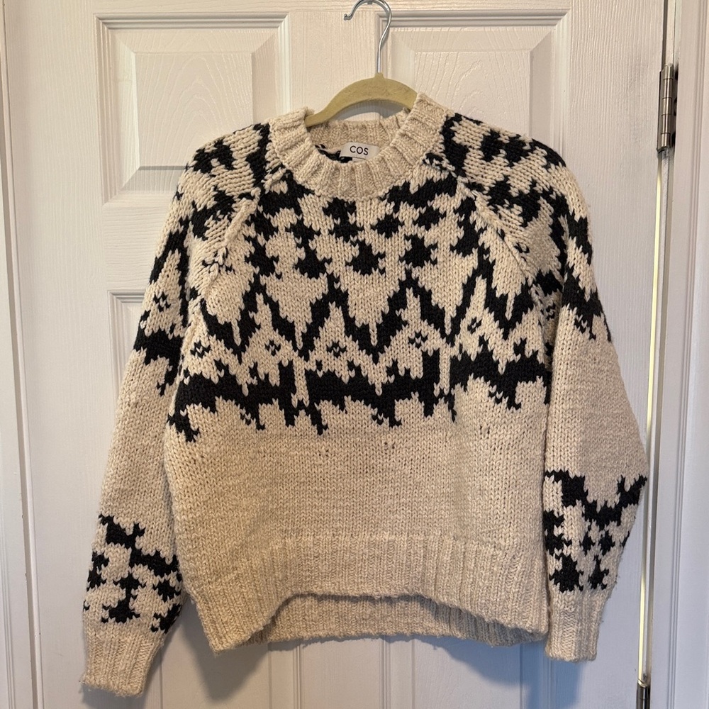 COS Fair Isle Chunky Crewneck Wool Sweater Cream Dark Grey Size XS - Picture 5 of 14